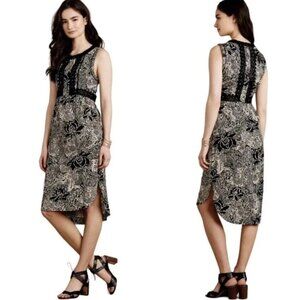 Holding Horses Women's Midi Dress 6 Black Floral Lace Fringe Anthropologie